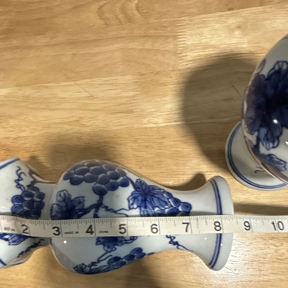 Vintage Pair Blue & White Ceramic Vases Grapevine Pattern Glossy